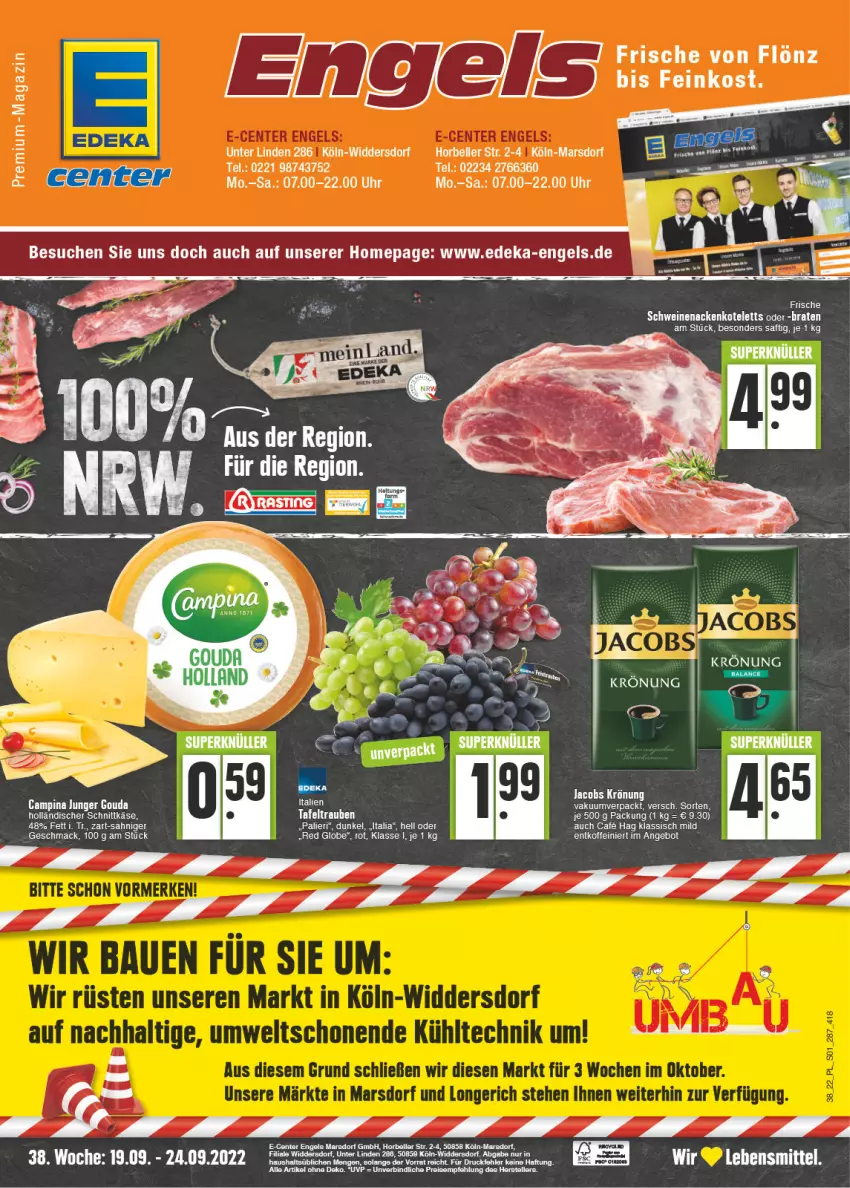 Aktueller Prospekt E Center - Angebote der Woche - von 19.09 bis 24.09.2022 - strona 1 - produkty: angebot, braten, bree, eis, elle, Engel, ente, gouda, holländischer schnittkäse, jacobs, jacobs krönung, Käse, kotelett, lebensmittel, mac, magazin, mars, nackenkoteletts, reis, reiss, rwe, saft, schnittkäse, schwein, schweine, schweinenacken, tee, teller, Ti, uhr, wein, weine