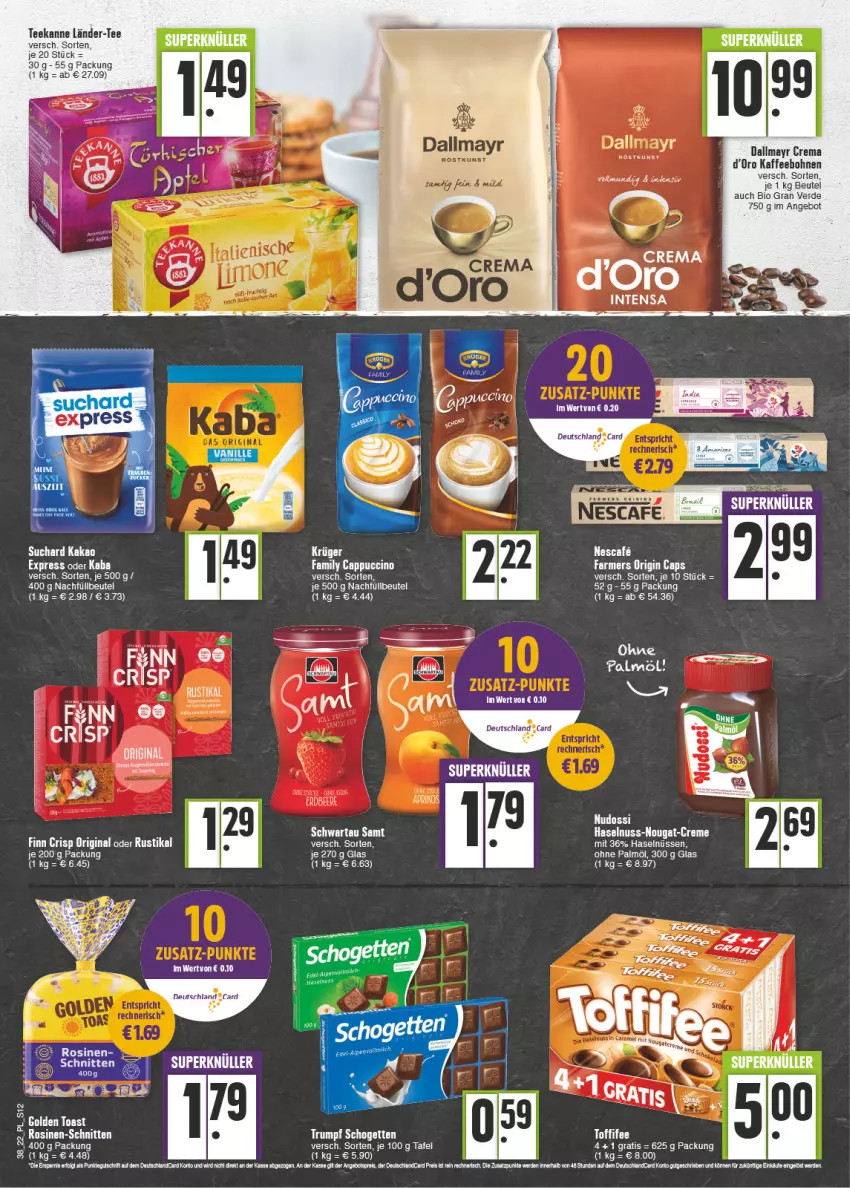 Aktueller Prospekt E Center - Angebote der Woche - von 19.09 bis 24.09.2022 - strona 12 - produkty: angebot, beere, beutel, bio, bohne, bohnen, Cap, cappuccino, cin, creme, dallmayr, eis, erdbeere, erde, golden toast, haselnuss, kaffee, kaffeebohnen, kakao, nescafe, Nudossi, nuss, nuss-nougat-creme, ohne palmöl, reis, rum, salz, schnitten, schogetten, Schwartau, tee, teekanne, Ti, toast