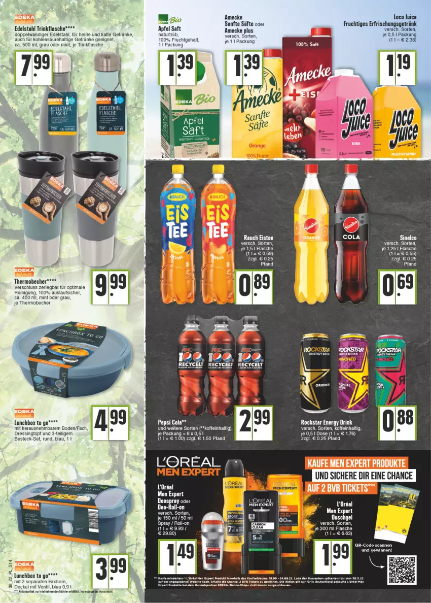 Aktueller Prospekt E Center - Angebote der Woche - von 19.09 bis 24.09.2022 - strona 14 - produkty: amecke, apfel, Becher, besteck, besteck-set, bett, decke, Deckel, deka, deo, deospray, dressing, drink, duschgel, edelstahl, energy drink, erfrischungsgetränk, flasche, frucht, getränk, getränke, lunchbox, mint, natur, Reinigung, Rockstar, roll-on, saft, säfte, sinalco, tee, Ti, topf, trinkflasche