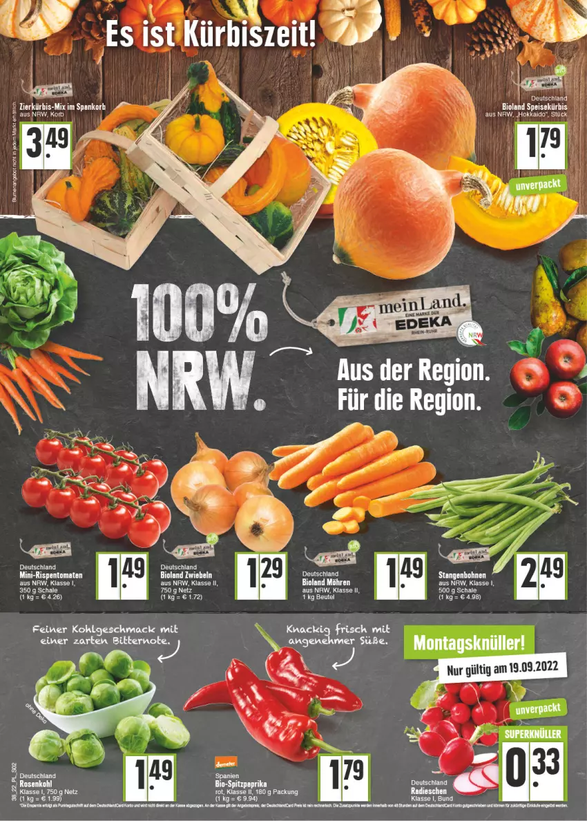 Aktueller Prospekt E Center - Angebote der Woche - von 19.09 bis 24.09.2022 - strona 2 - produkty: angebot, bio, bioland, eis, elle, ente, korb, Kürbis, LG, mac, mini-rispentomaten, möhren, rispentomaten, rosen, Rosenkohl, Schal, Schale, tee, Ti, tomate, tomaten, zwiebel, zwiebeln