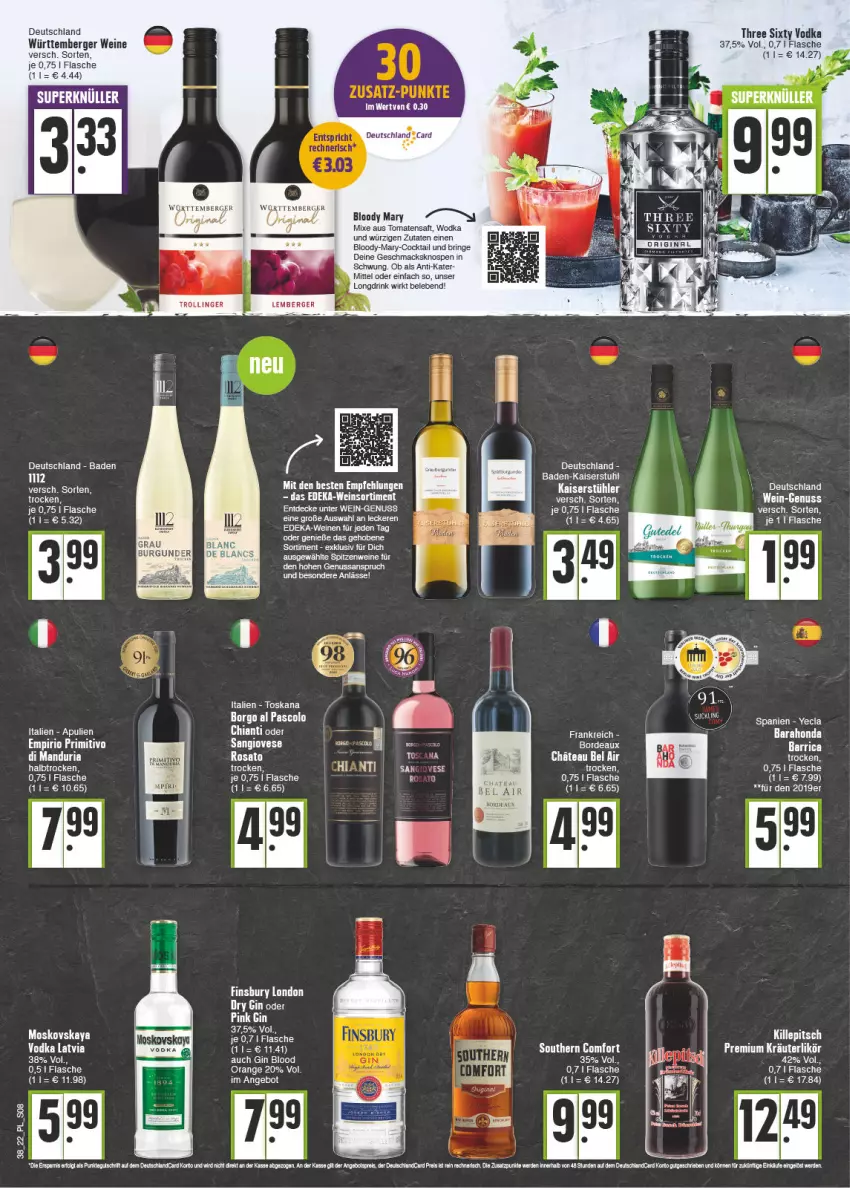 Aktueller Prospekt E Center - Angebote der Woche - von 19.09 bis 24.09.2022 - strona 8 - produkty: angebot, Bad, Berger, burgunder, cocktail, decke, deka, deutschland card, drink, dry gin, erde, flasche, gin, Kaiser, kräuter, kräuterlikör, likör, mac, mais, moskovskaya, nuss, orange, Ria, ring, rosato, saft, Stühl, stuhl, tee, Three Sixty, Ti, tomate, tomaten, Tomatensaft, trolli, trollinger, vodka, wein, weine, wodka