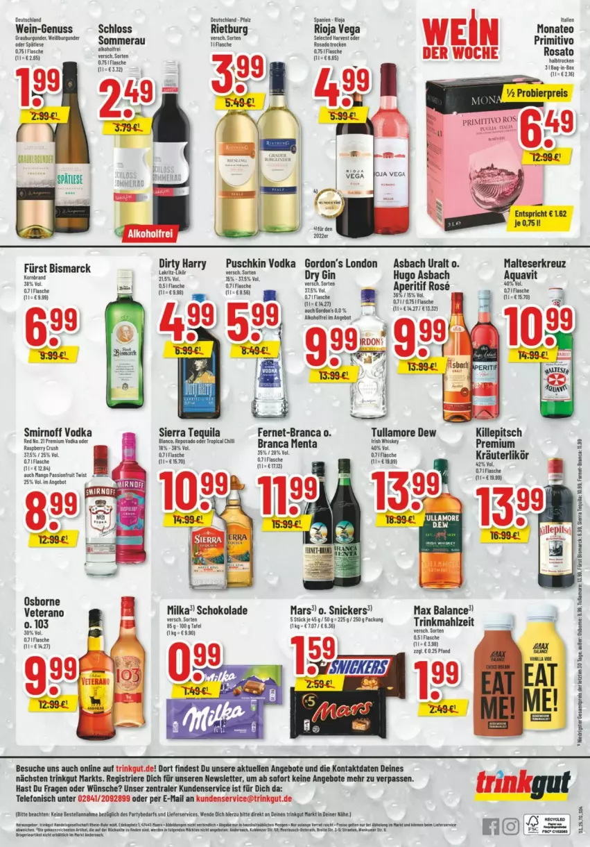 Aktueller Prospekt Trinkgut - Prospekte - von 12.01 bis 18.01.2025 - strona 4 - produkty: angebot, angebote, aperitif, asbach uralt, burgunder, dry gin, elle, Fernet, fisch, fische, flasche, gin, gordon, Gordon’s, hugo, irish whiskey, kräuter, malteser, mango, mars, milka, nuss, premium vodka, primitivo, puschkin vodka, raspberry, rioja, rosato, schoko, schokolade, Sierra, sierra tequila, smirnoff, snickers, telefon, tequila, Ti, tullamore, tullamore dew, veterano, vodka, wein, whiskey