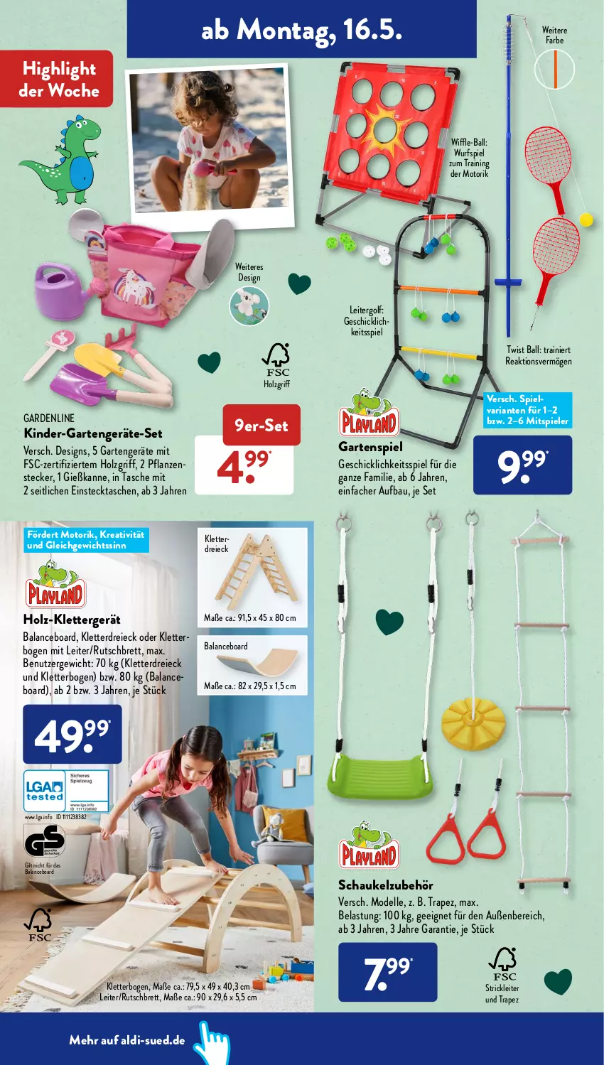 Aktueller Prospekt AldiSud - ALDI Aktuell - von 16.05 bis 21.05.2022 - strona 16 - produkty: aldi, ball, Bau, dell, eis, elle, Garten, Gießkanne, Holz, Kinder, LG, Mode, pflanze, pflanzen, reis, Ria, Schaukel, Spiele, Tasche, taschen, Ti