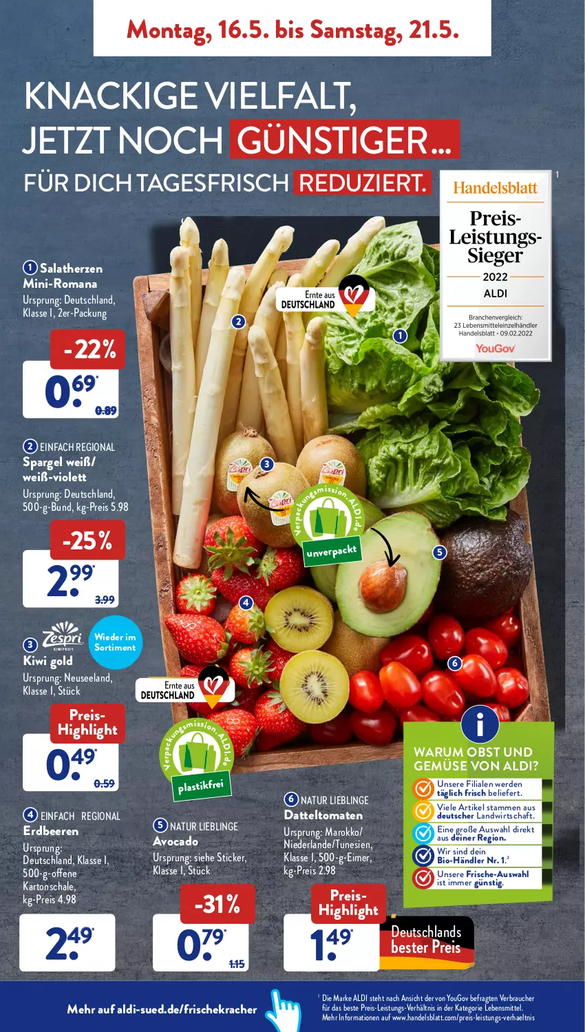 Aktueller Prospekt AldiSud - ALDI Aktuell - von 16.05 bis 21.05.2022 - strona 2 - produkty: aldi, asti, avocado, beere, beeren, bio, datteltomaten, eimer, eis, Elan, erdbeere, erdbeeren, erde, kiwi, Kiwi Gold, kracher, lebensmittel, natur, obst, Obst und Gemüse, Rauch, reis, rum, salat, salatherzen, Schal, Schale, spargel, Ti, tomate, tomaten, und gemüse, Yo