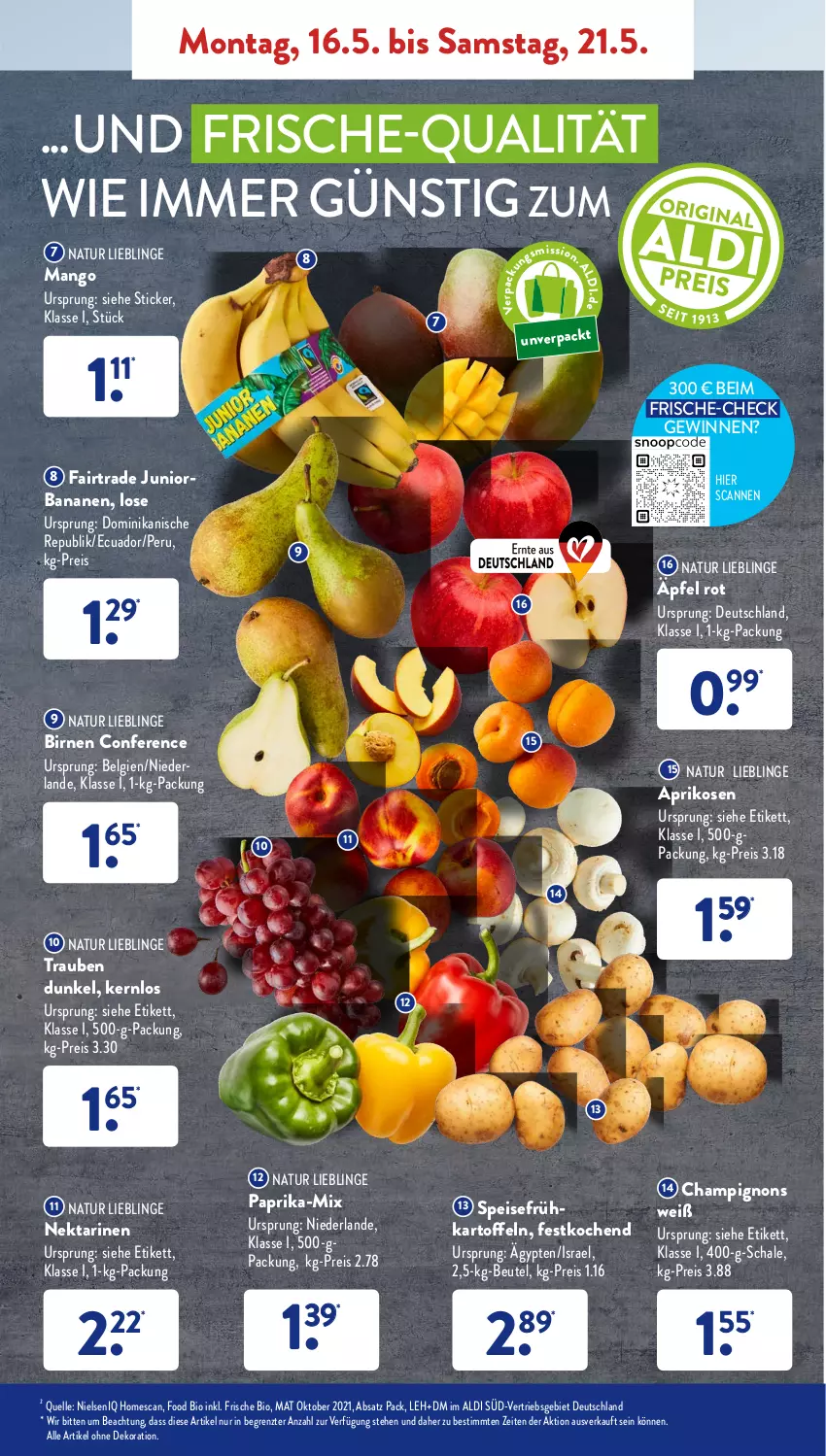 Aktueller Prospekt AldiSud - ALDI Aktuell - von 16.05 bis 21.05.2022 - strona 3 - produkty: aldi, alle artikel ohne dekoration, aprikose, aprikosen, banane, bananen, beutel, bio, Birnen, champignon, champignons, dekoration, eis, elle, Frühkartoffeln, kartoffel, kartoffeln, LG, mango, natur, Nektar, nektarinen, paprika, reis, Schal, Schale, speisefrühkartoffeln, Ti, trauben, ZTE