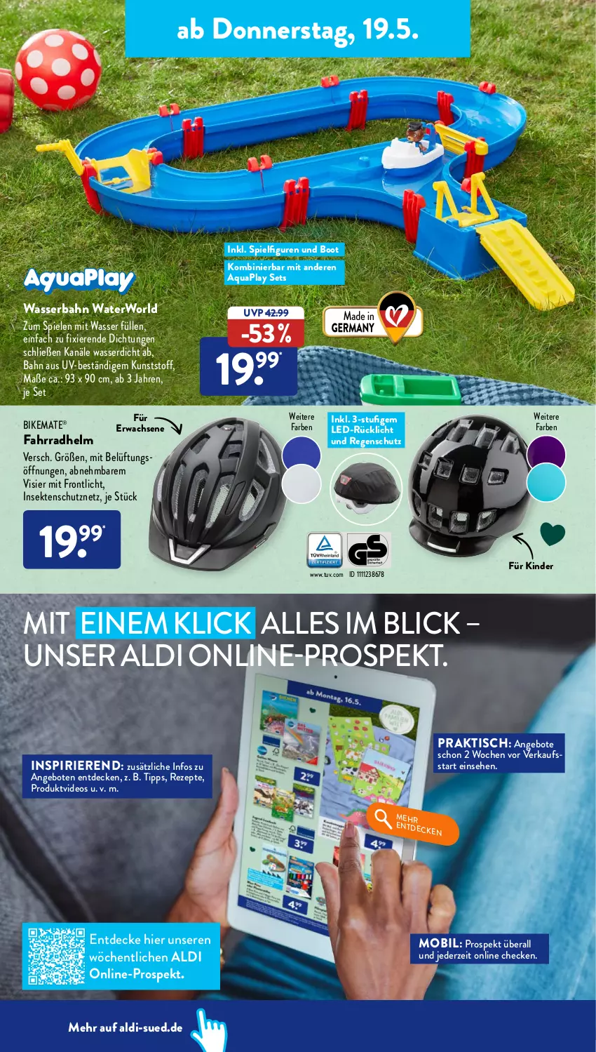 Aktueller Prospekt AldiSud - ALDI Aktuell - von 16.05 bis 21.05.2022 - strona 30 - produkty: aldi, angebot, angebote, aqua, decke, deo, Fahrrad, fahrradhelm, insektenschutz, Kinder, Regenschutz, rezept, rezepte, rücklicht, Schutznetz, sekt, Spiele, Ti, tisch, wasser