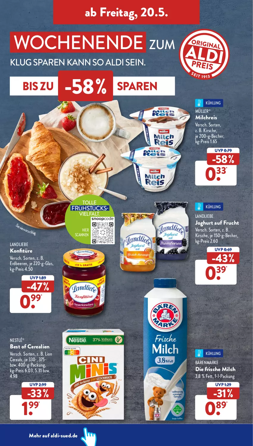 Aktueller Prospekt AldiSud - ALDI Aktuell - von 16.05 bis 21.05.2022 - strona 38 - produkty: aldi, bärenmarke, Becher, beere, beeren, cerealien, cereals, eis, erdbeere, erdbeeren, frische milch, frucht, joghur, joghurt, kirsch, kirsche, konfitüre, landliebe, landliebe joghurt, lion, milch, milchreis, Müller, nestlé, reis