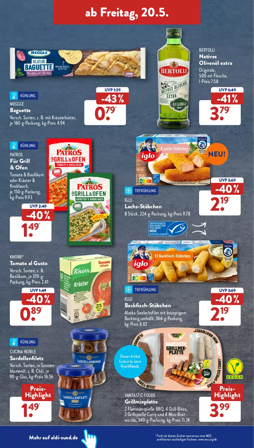 Aktueller Prospekt AldiSud - ALDI Aktuell - von 16.05 bis 21.05.2022 - strona 40 - produkty: Alaska-Seelachs, Alaska-Seelachsfilet, aldi, asti, backfisch, baguette, basilikum, bertolli, bites, blume, blumen, blumenöl, butter, chili, cin, curry, dell, eis, elle, filet, filets, fisch, fische, Fischer, flasche, fleisch, gin, grill, Grillspieße, iglo, knoblauch, knorr, kräuter, kräuterbutter, lachs, lachsfilet, lamm, latte, meggle, natives olivenöl, oder kräuter, Ofen, olive, oliven, olivenöl, olivenöl extra, patros, reis, Sardellen, Schere, seelachsfilet, Ti, tomate, tomato al gusto