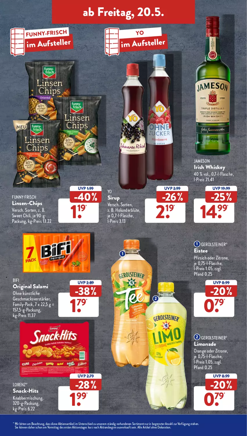 Aktueller Prospekt AldiSud - ALDI Aktuell - von 16.05 bis 21.05.2022 - strona 41 - produkty: alle artikel ohne dekoration, bifi, Blüte, chili, chips, dekoration, eis, eistee, elle, flasche, funny-frisch, gerolsteine, gerolsteiner, gin, holunder, holunderblüte, irish whiskey, jameson, limo, limonade, linsen, lorenz, mac, orange, pfirsich, reis, salami, sirup, snack, steiner, tee, teller, Ti, whiskey, Yo, zitrone, ZTE