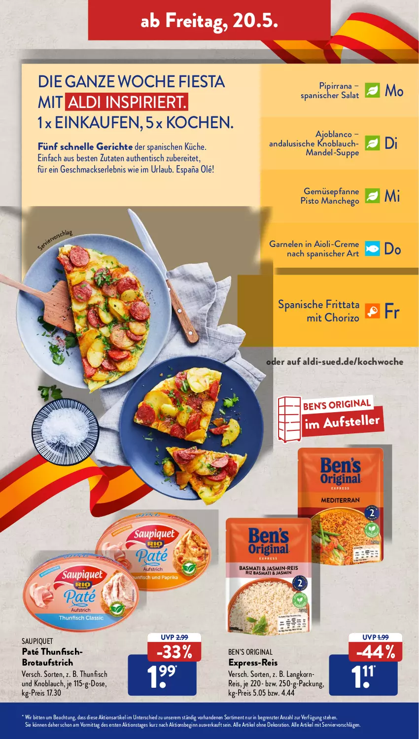 Aktueller Prospekt AldiSud - ALDI Aktuell - von 16.05 bis 21.05.2022 - strona 45 - produkty: aioli, aldi, alle artikel ohne dekoration, aufstrich, Ben’s Original, brot, brotaufstrich, chorizo, creme, dekoration, eis, elle, express-reis, fisch, garnelen, gin, knoblauch, korn, küche, Langkornreis, mac, Manchego, mandel, pfanne, Rana, reis, salat, saupiquet, suppe, teller, thunfisch, Ti, tisch, ZTE