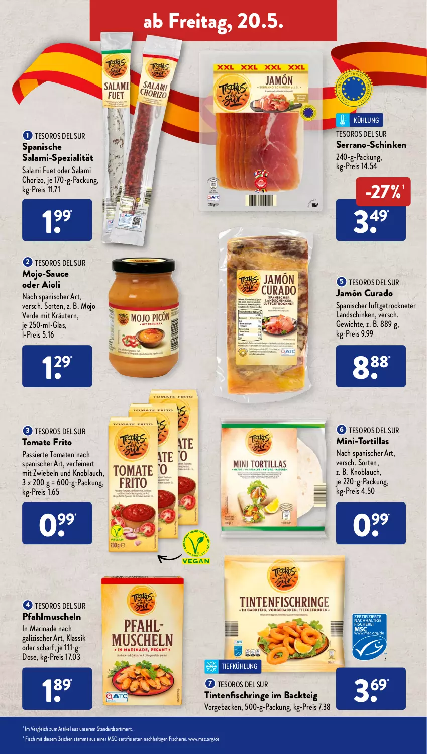 Aktueller Prospekt AldiSud - ALDI Aktuell - von 16.05 bis 21.05.2022 - strona 47 - produkty: aioli, chorizo, eis, erde, fisch, fische, Fischer, geback, knoblauch, kräuter, kräutern, landschinken, marinade, mit zwiebeln, Muscheln, reis, ring, salami, sauce, Schere, schinken, serrano, Spezi, Ti, Tintenfischringe, tomate, tomaten, tortilla, tortillas, zwiebel, zwiebeln