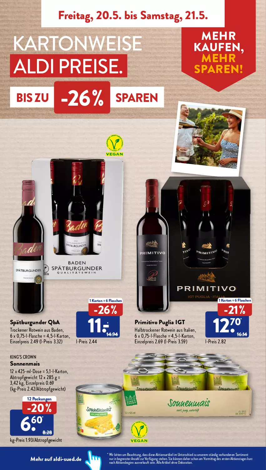 Aktueller Prospekt AldiSud - ALDI Aktuell - von 16.05 bis 21.05.2022 - strona 50 - produkty: aldi, alle artikel ohne dekoration, Bad, burgunder, dekoration, eis, flasche, gin, mais, primitivo, reis, rotwein, spätburgunder, Ti, wein, ZTE