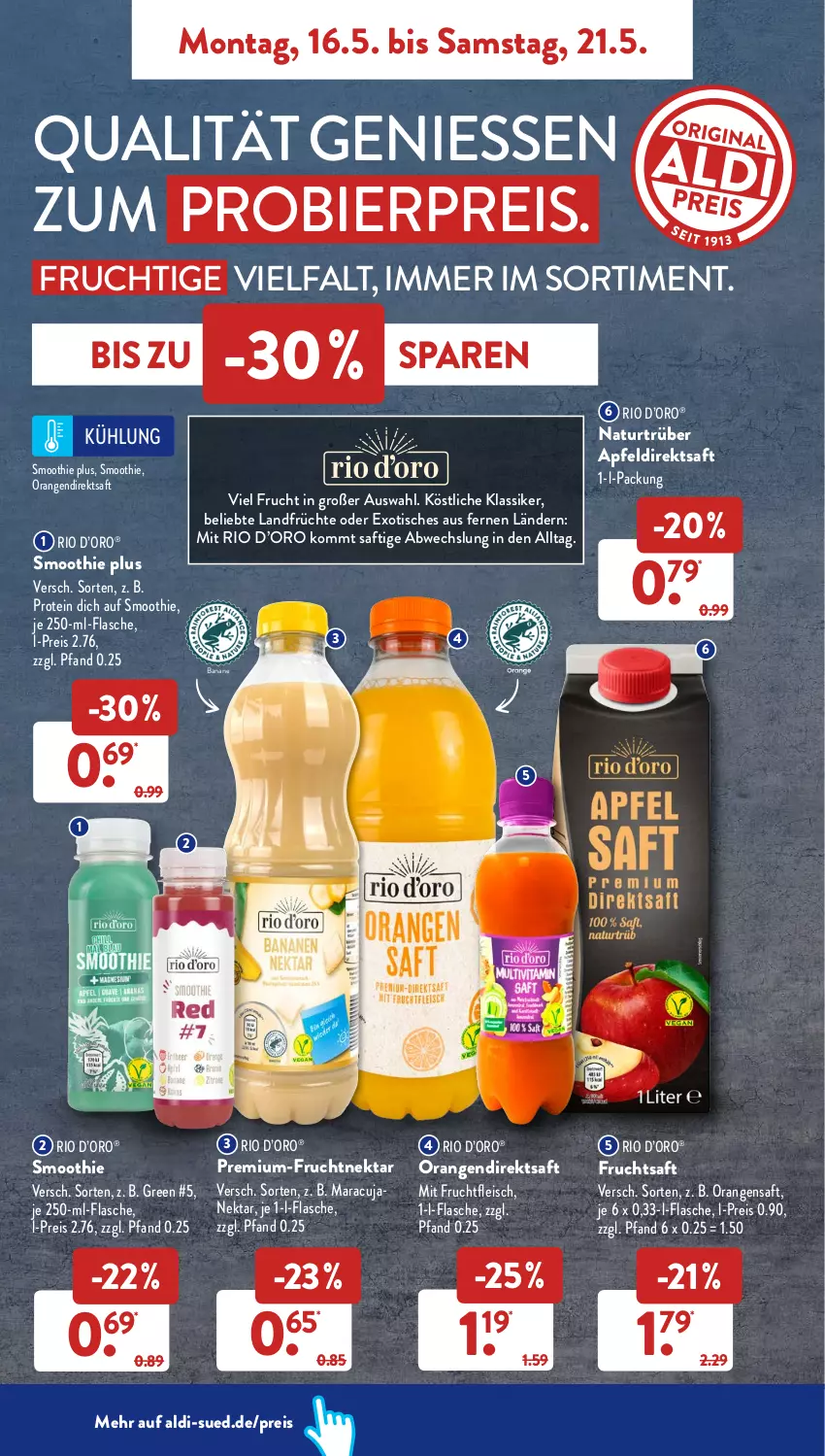 Aktueller Prospekt AldiSud - ALDI Aktuell - von 16.05 bis 21.05.2022 - strona 6 - produkty: aldi, apfel, Apfeldirektsaft, banane, bier, direktsaft, eis, flasche, fleisch, frucht, früchte, fruchtfleisch, fruchtsaft, maracuja, mit frucht, natur, Nektar, orange, orangen, orangensaft, reis, saft, smoothie, Ti, tisch