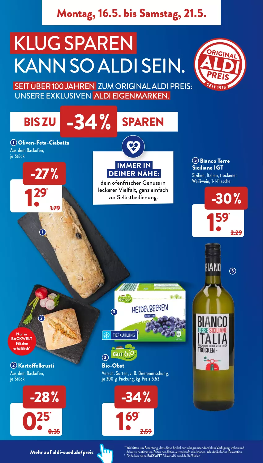 Aktueller Prospekt AldiSud - ALDI Aktuell - von 16.05 bis 21.05.2022 - strona 8 - produkty: aldi, alle artikel ohne dekoration, backofen, beere, beeren, bio, Bio-Obst, ciabatta, dekoration, eis, feta, flasche, gin, kartoffel, nuss, obst, Ofen, olive, oliven, reis, Ti, wein, Weißwein, ZTE