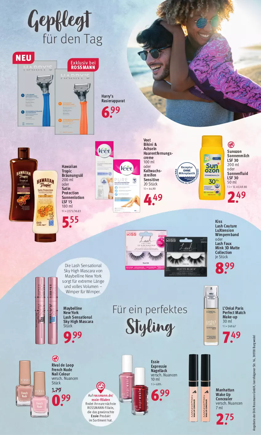 Aktueller Prospekt Rossmann - Prospekte - von 16.05 bis 20.05.2022 - strona 14 - produkty: angebot, angebote, bikini, Bräunungsöl, creme, Haarentfernung, kaltwachsstreifen, lack, Lotion, Make-up, Mascara, Maybelline, milch, Nagellack, Nuance, rasierapparat, reifen, sonnenmilch, Ti, veet, wedel, Yo