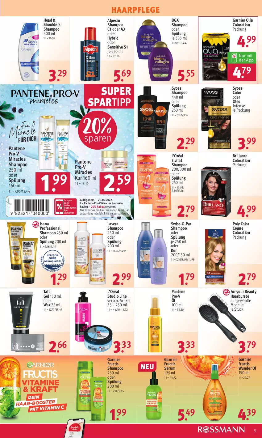 Aktueller Prospekt Rossmann - Prospekte - von 16.05 bis 20.05.2022 - strona 5 - produkty: alpecin, brillance, bürste, cin, Color creme, coupon, creme, dell, eis, elle, elvital, For Your Beauty, fructis, garnier, haarpflege, isana, lavera, Mode, pantene, pantene pro-v, pro-v, reis, rum, sana, Serum, shampoo, shampoo 250 ml, shampoo oder spülung, spartipp, spülung, spülung 200 ml, Swiss-o-Par, syoss, Taft, teller, Ti, Tiere, vita, Vitamin C, Yo