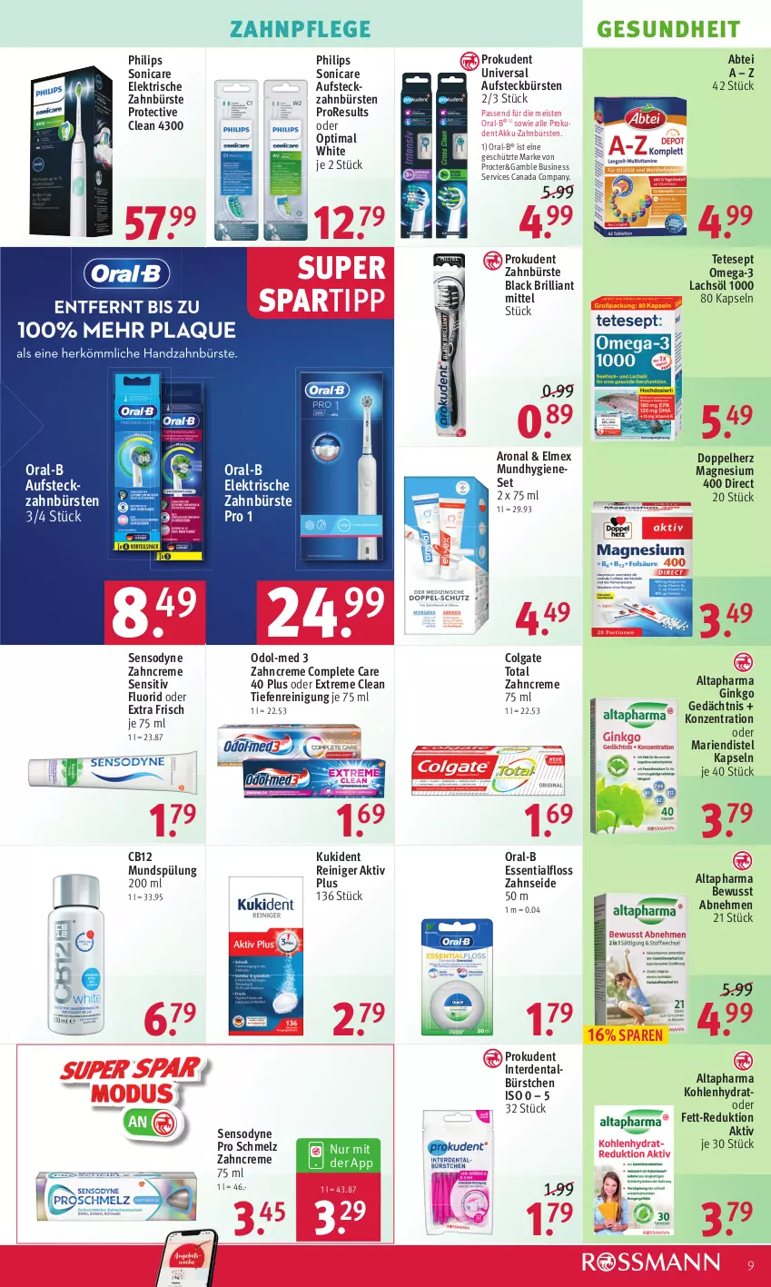 Aktueller Prospekt Rossmann - Prospekte - von 16.05 bis 20.05.2022 - strona 9 - produkty: Abtei, akku, Altapharma, aufsteckbürsten, bürste, bürsten, colgate, colgate total, creme, doppelherz, eis, elektrische zahnbürste, elmex, erde, Essentialfloss, Gesundheit, gin, Kukident, lachs, lack, LG, magnesium, magnesium 400, Mundhygiene, mundspülung, Odol, Odol-med 3, omega, Omega-3, oral-b, Philips, Prokudent, reiniger, Reinigung, sensodyne, sonicare, spartipp, spülung, spülung 200 ml, Ti, zahnbürste, zahnbürsten, zahncreme, Zahnseide, ZTE