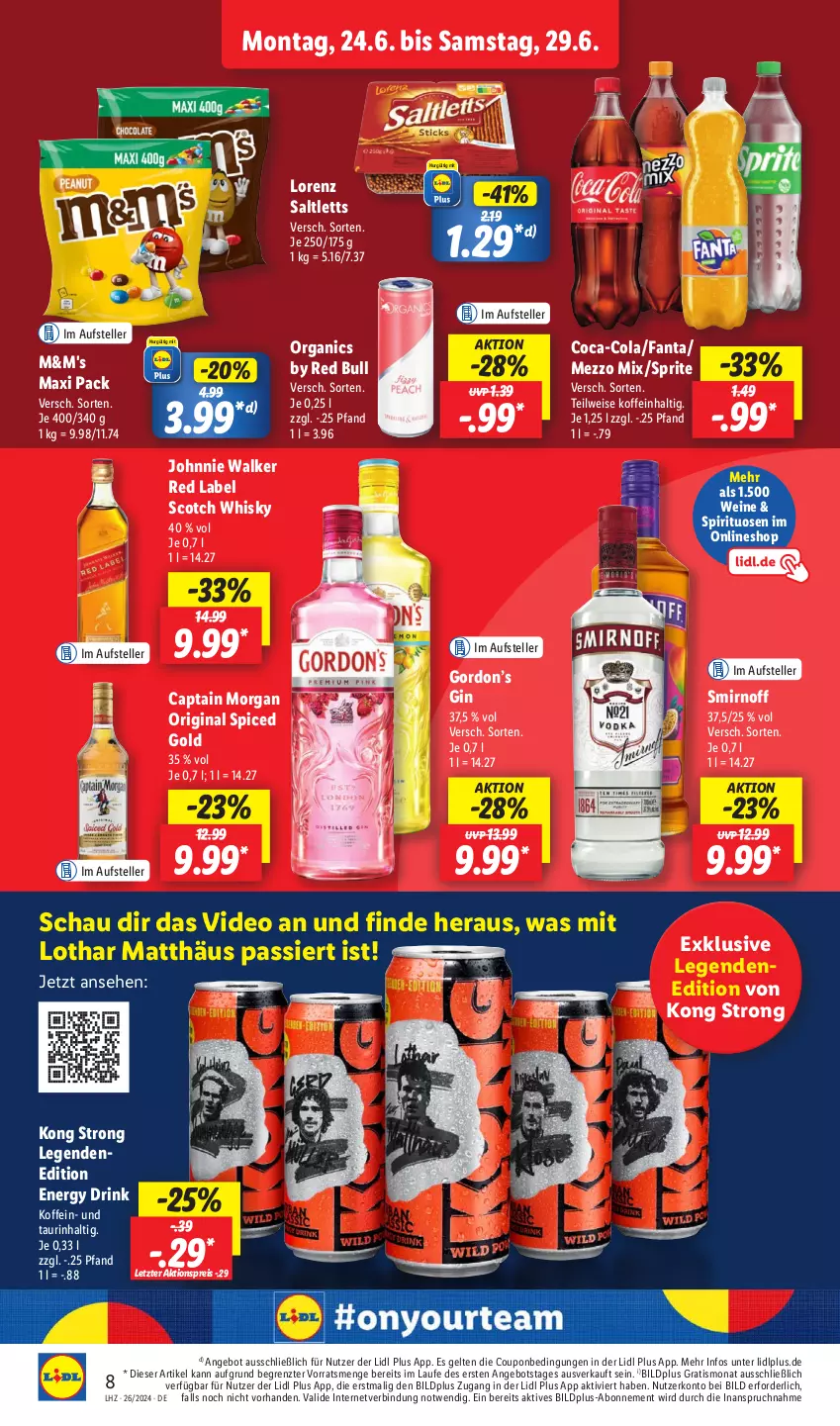 Aktueller Prospekt Lidl - Aktionsprospekt - von 24.06 bis 29.06.2024 - strona 12 - produkty: aktionspreis, angebot, Cap, captain morgan, coca-cola, cola, coupon, deo, drink, eis, elle, energy drink, fanta, gin, gordon, Gordon’s, johnnie walker, lorenz, Mezzo Mix, original spiced gold, red bull, reis, saltletts, scotch, scotch whisky, smirnoff, spirituosen, sprite, teller, Ti, wein, weine, whisky, ZTE