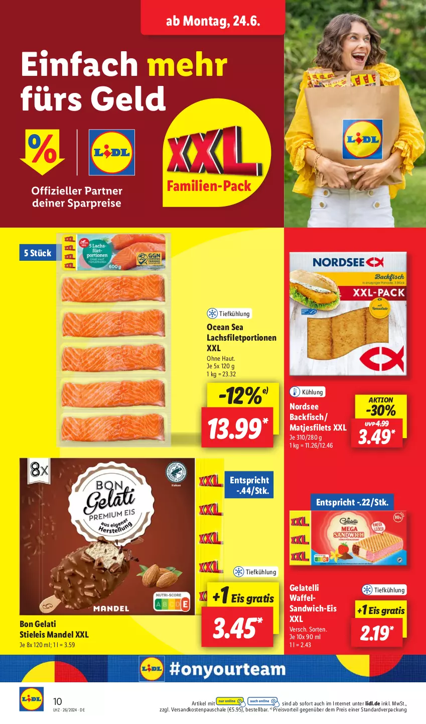 Aktueller Prospekt Lidl - Aktionsprospekt - von 24.06 bis 29.06.2024 - strona 14 - produkty: backfisch, Bon Gelati, eis, filet, filets, fisch, Gelatelli, lachs, lachsfilet, mandel, matjes, Matjesfilet, matjesfilets, ndk, Nordsee, preisvorteil, reis, sandwich, Schal, Schale, stieleis, Ti