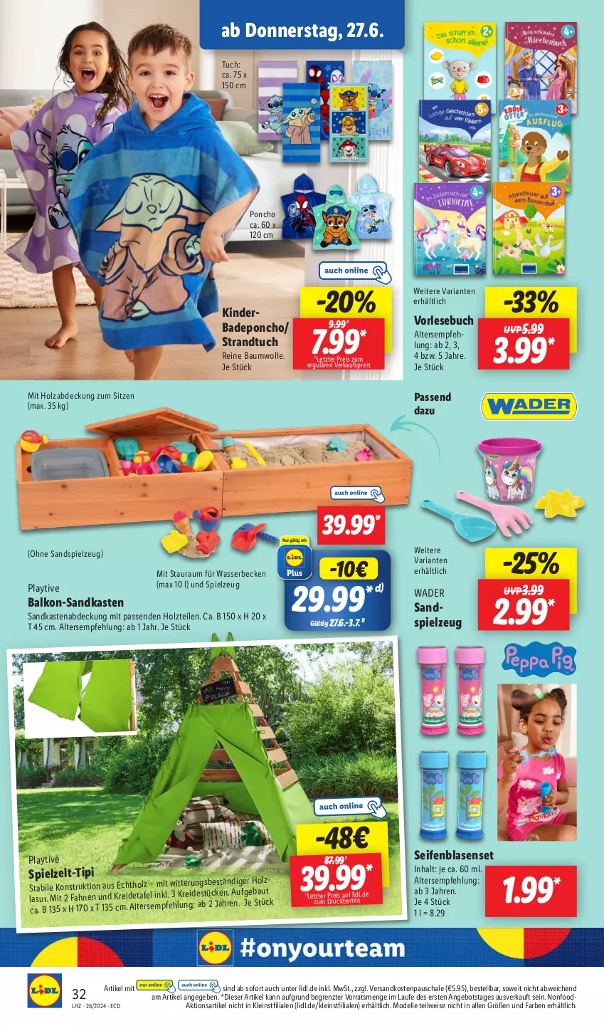 Aktueller Prospekt Lidl - Aktionsprospekt - von 24.06 bis 29.06.2024 - strona 42 - produkty: angebot, Bad, Bau, baumwolle, buch, dell, eis, elle, Holz, Kinder, Kreide, Mode, ndk, reine baumwolle, reis, Ria, Sandkasten, Sandspielzeug, Schal, Schale, Seife, spielzeug, strandtuch, Ti, Tipi, tuc, wasser, wolle, Zelt, ZTE