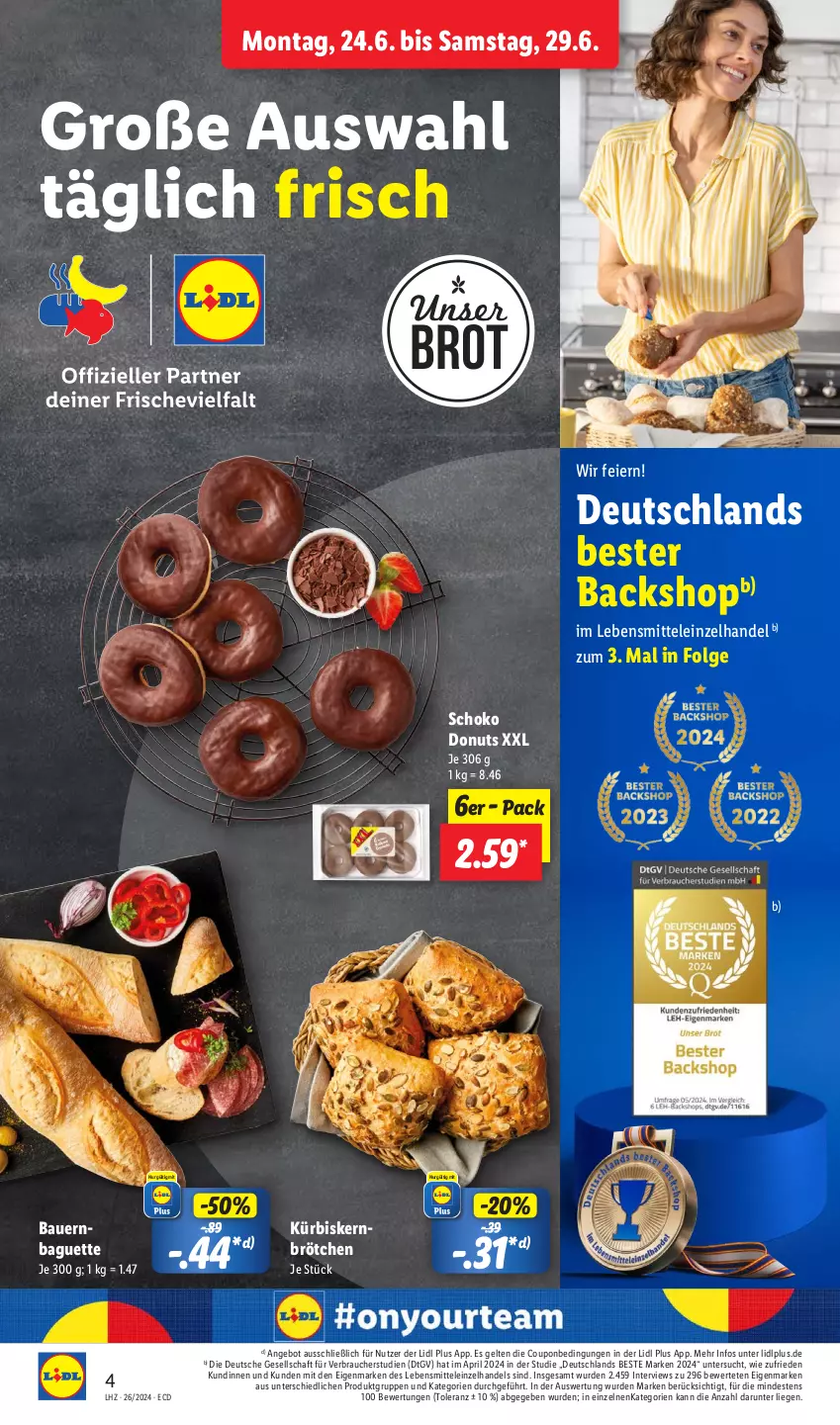 Aktueller Prospekt Lidl - Aktionsprospekt - von 24.06 bis 29.06.2024 - strona 6 - produkty: angebot, auer, baguette, Bau, Bauer, brot, brötchen, coupon, Donut, donuts, eier, Kürbis, Kürbiskernbrötchen, lebensmittel, LG, Liege, pril, Rauch, schoko, Ti