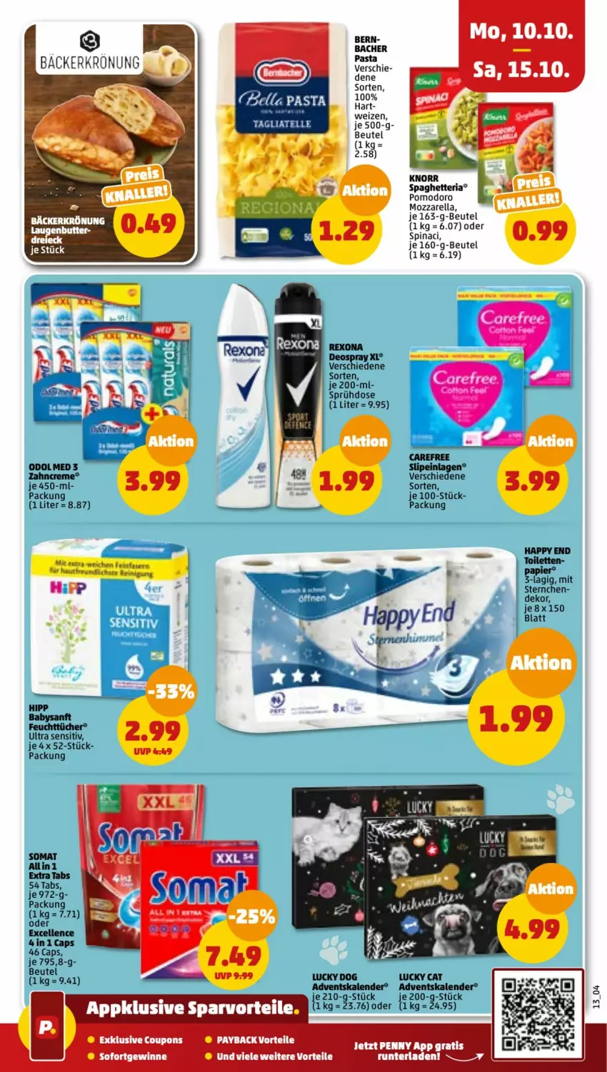 Aktueller Prospekt Penny - Prospekte - von 10.10 bis 15.10.2022 - strona 13 - produkty: Adventskalender, beutel, Cap, carefree, coupon, coupons, elle, hipp, mozzarella, Odol, papier, pasta, payback, Reinigung, rel, Ria, slip, slipeinlagen, somat, tagliatelle, Ti