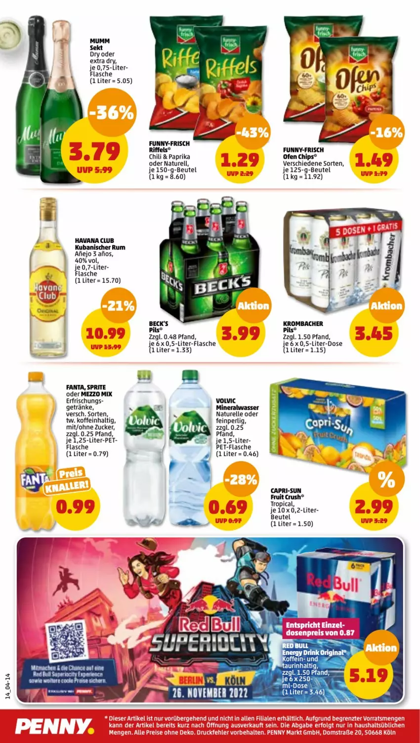 Aktueller Prospekt Penny - Prospekte - von 10.10 bis 15.10.2022 - strona 14 - produkty: Alwa, beck's, beutel, Cap, capri-sun, chili, chips, elle, fanta, flasche, funny-frisch, getränk, getränke, Havana Club, krombache, krombacher, krombacher pils, Mezzo Mix, mineralwasser, mumm, natur, Ofen, paprika, pet-flasche, pils, rel, rum, sekt, sprite, Ti, volvic, wasser, zucker