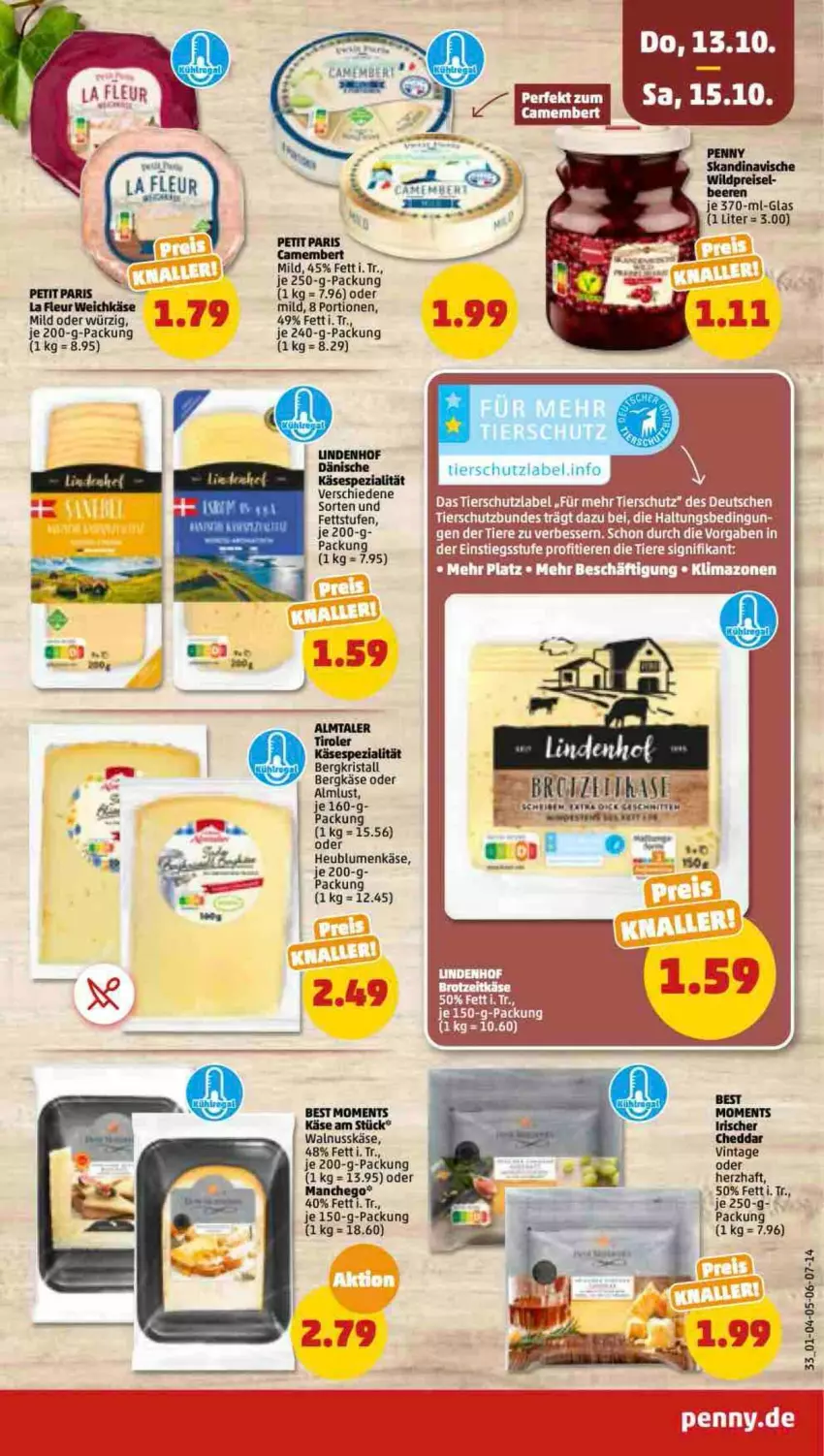 Aktueller Prospekt Penny - Prospekte - von 10.10 bis 15.10.2022 - strona 33 - produkty: Bergkäse, camembert, cheddar, Käse, Kette, Manchego, nuss, Spezi, tee, Ti, Tiere, uhr, walnuss