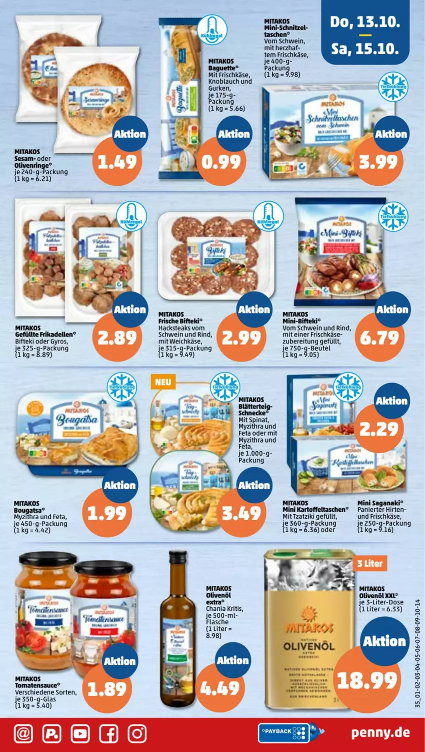 Aktueller Prospekt Penny - Prospekte - von 10.10 bis 15.10.2022 - strona 35 - produkty: baguette, beutel, Bifteki, dell, elle, feta, flasche, frikadellen, frischkäse, gurke, gurken, gyros, kartoffel, Kartoffeltaschen, Käse, knoblauch, olive, oliven, olivenöl, rind, ring, sauce, schwein, schwein und rind, sesam, spinat, steak, steaks, Tasche, taschen, Ti, tomate, tomaten, tomatensauce, tzatziki, vom schwein und rind, weichkäse, wein