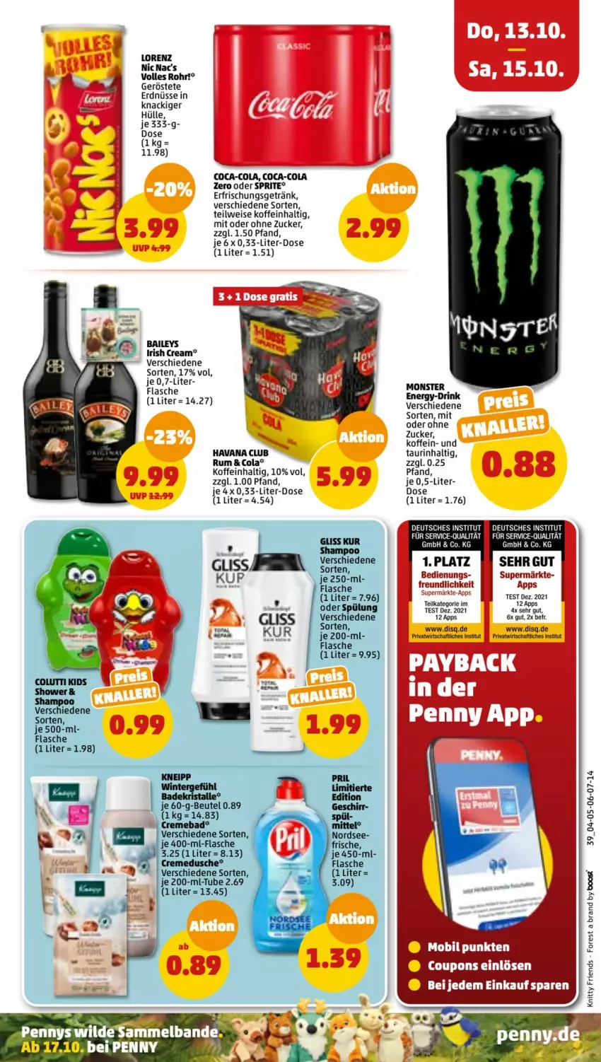 Aktueller Prospekt Penny - Prospekte - von 10.10 bis 15.10.2022 - strona 39 - produkty: Bad, coca-cola, cola, creme, cremedusche, drink, dusche, eis, erdnüsse, erfrischungsgetränk, flasche, getränk, Havana Club, irish cream, lorenz, monster, Monster Energy, nic nac's, oder sprite, rum, sprite, spülung, tee, Ti, Wild, zucker