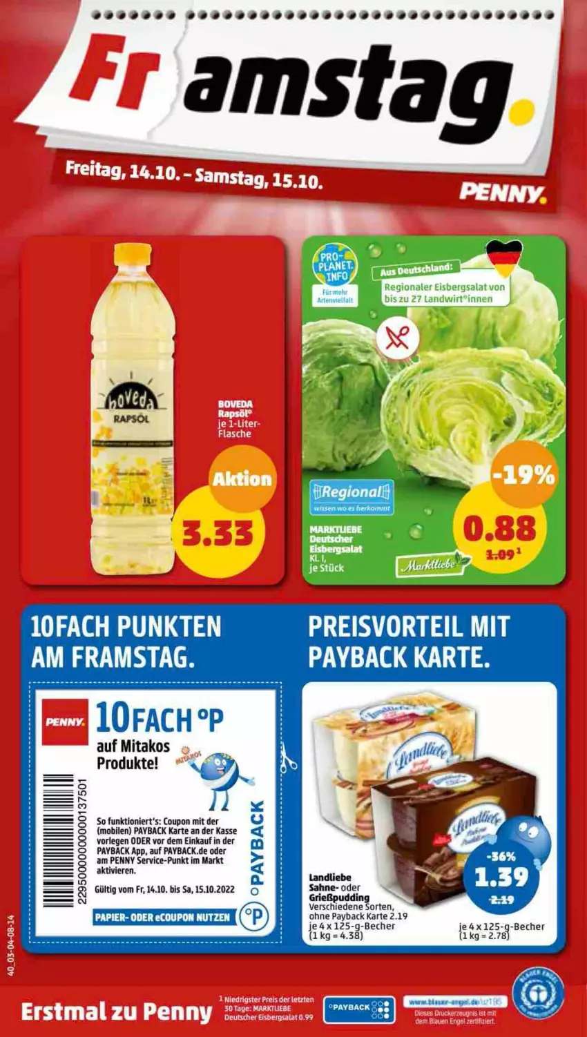 Aktueller Prospekt Penny - Prospekte - von 10.10 bis 15.10.2022 - strona 40 - produkty: aeg, Becher, coupon, eis, eisbergsalat, Grießpudding, landliebe, papier, payback, preisvorteil, pudding, reis, sahne, salat, Ti