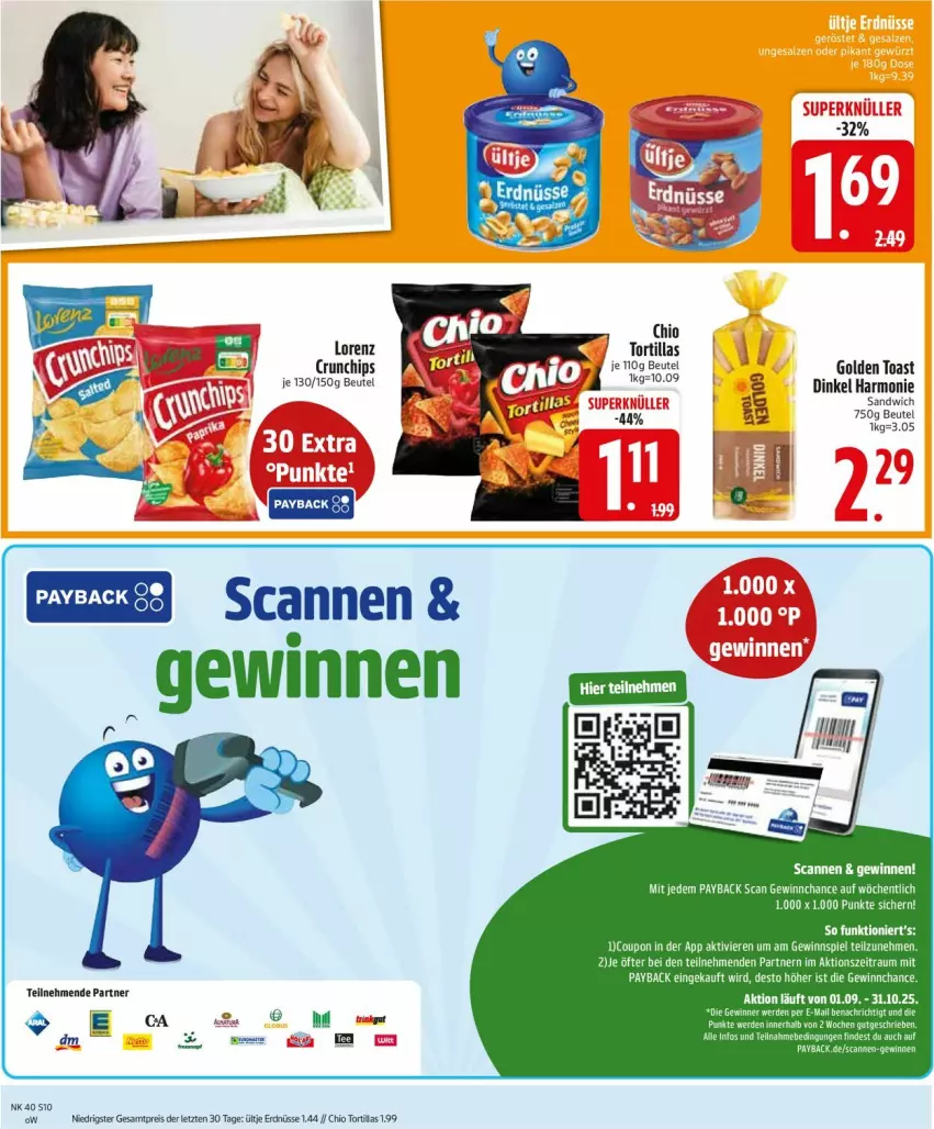 Aktueller Prospekt Edeka - Prospekte - von 29.09 bis 04.10.2025 - strona 10 - produkty: beutel, chips, coupon, crunchips, eis, erde, erdnüsse, gewinnspiel, golden toast, lorenz, lorenz crunchips, payback, reis, sandwich, tee, Ti, toast, tortilla, tortillas, ültje, ültje erdnüsse, ZTE