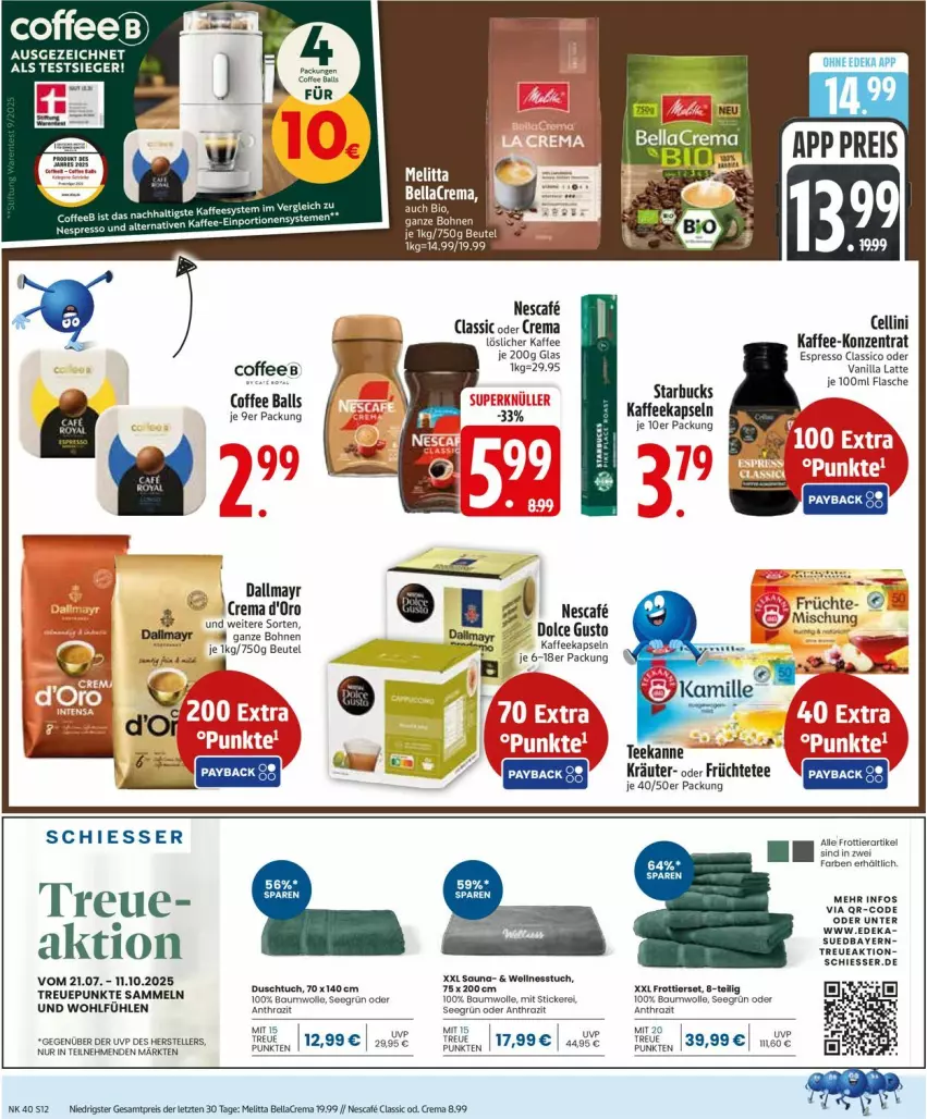 Aktueller Prospekt Edeka - Prospekte - von 29.09 bis 04.10.2025 - strona 12 - produkty: ball, bellacrema, beutel, bohne, bohnen, classico, d'oro, dallmayr, deka, dolce gusto, eis, espresso, flasche, früchte, Früchtetee, kaffee, kaffeekapseln, kräuter, latte, löslicher kaffee, melitta, nescafe, nespresso, reis, starbucks, tee, teekanne, Ti, tuc, ZTE
