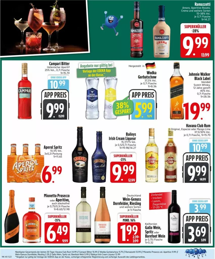 Aktueller Prospekt Edeka - Prospekte - von 29.09 bis 04.10.2025 - strona 22 - produkty: alkohol, angebot, angebote, aperol, baileys, black label, campari, deka, dornfelder, ecco, eis, flasche, gallo, gin, Havana Club, irish cream, johnnie walker, lack, LG, liqueur, mango, mionetto, nuss, prosecco, rama, ramazzott, ramazzotti, reis, riesling, rum, Ti, wein, whisky, wodka, zott, ZTE