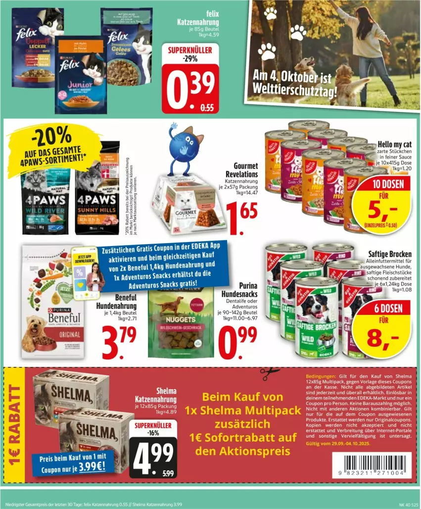 Aktueller Prospekt Edeka - Prospekte - von 29.09 bis 04.10.2025 - strona 25 - produkty: adventuros, beutel, coupon, eis, fleisch, hundenahrung, hundesnack, hundesnacks, katzennahrung, purina, rel, saft, SANTE, sauce, snack, snacks, Ti