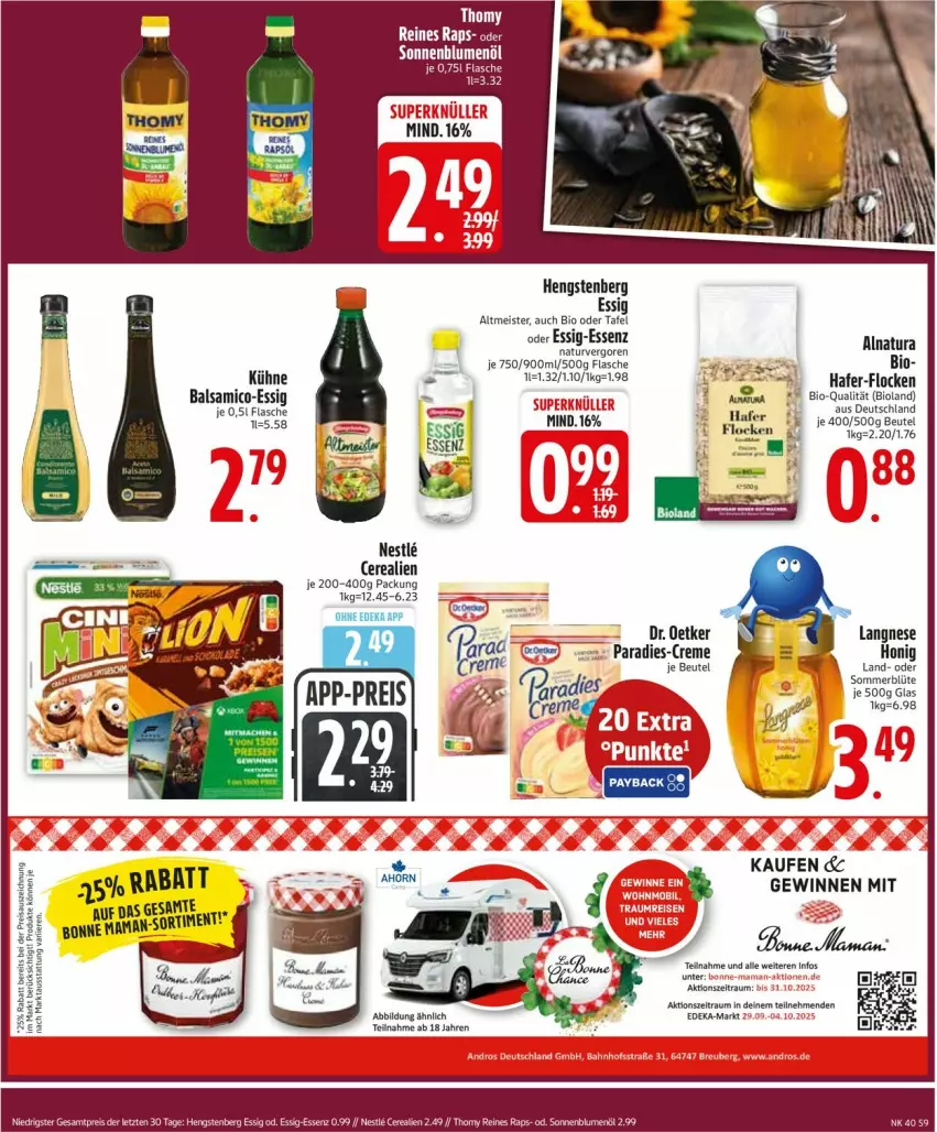Aktueller Prospekt Edeka - Prospekte - von 29.09 bis 04.10.2025 - strona 9 - produkty: balsam, balsamico, beutel, bio, bioland, Blüte, cerealien, creme, deka, Dr. Oetker, eis, essig, flasche, hafer, hengstenberg, honig, Kühne, langnese, mam, Meister, natur, natura, Ti, ZTE