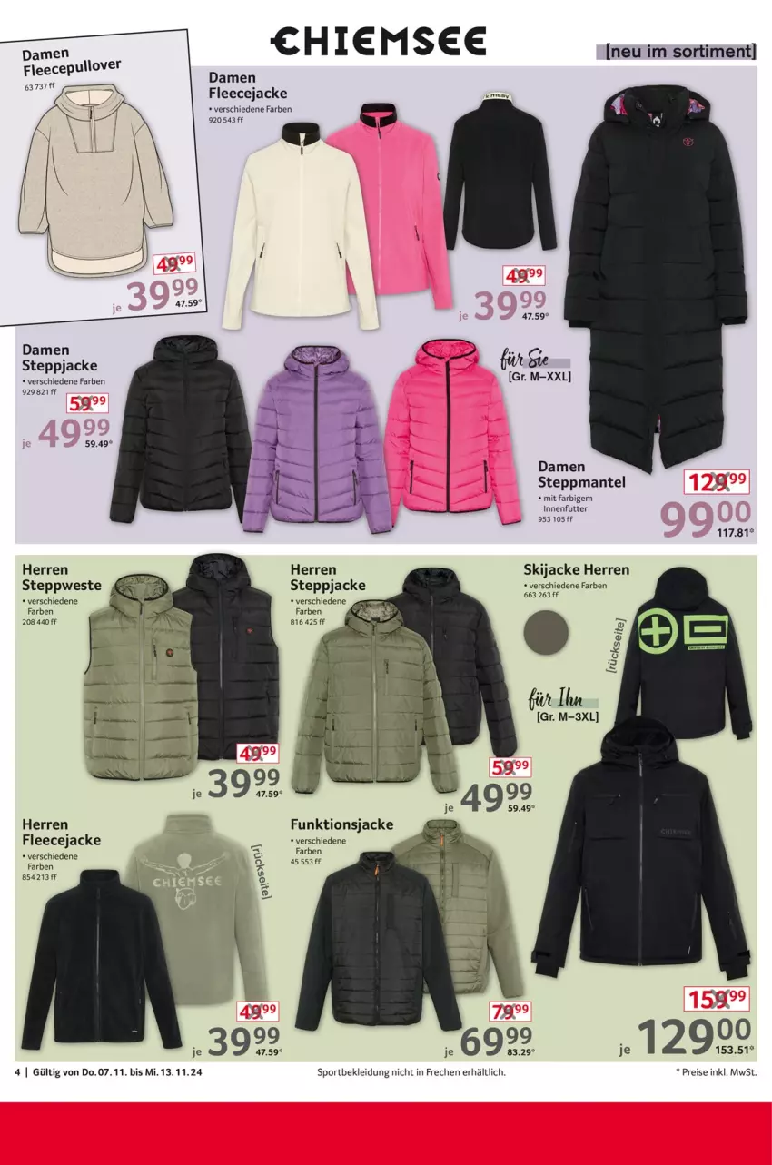 Aktueller Prospekt Selgros - Non Food - von 07.11 bis 13.11.2024 - strona 4 - produkty: eis, Fleecejacke, Jacke, kleid, Kleidung, Mantel, Pullover, reis, Sport, Steppjacke, Steppmante, Ti, Weste