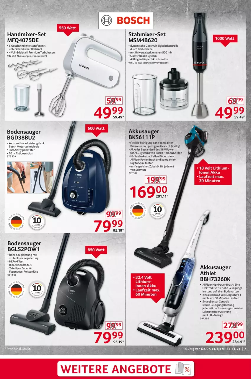 Aktueller Prospekt Selgros - Non Food - von 07.11 bis 13.11.2024 - strona 7 - produkty: akku, angebot, angebote, Bau, bodensauger, bosch, edelstahl, eis, Elektro, handmixer, HP, hygienefilter, leine, Mixer, Reinigung, ring, salz, stabmixer, tee, Ti, torte, Zerkleinerer