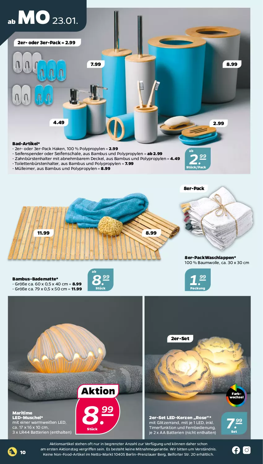 Aktueller Prospekt Netto - Woche 4 - von 23.01 bis 28.01.2023 - strona 10 - produkty: auer, Bad, badematte, bambus, batterie, batterien, Bau, baumwolle, bürste, bürsten, decke, Deckel, eimer, fernbedienung, kerze, LED-Kerze, leimer, Schal, Schale, Seife, seifenspender, Ti, timer, waschlappen, wolle, zahnbürste, zahnbürsten, ZTE