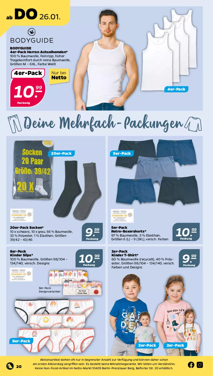 Aktueller Prospekt Netto - Woche 4 - von 23.01 bis 28.01.2023 - strona 20 - produkty: achselhemd, auer, Bau, baumwolle, body, hemd, hemden, Kinder, reine baumwolle, Ria, shirt, shorts, slip, slips, socken, T-Shirt, Ti, wolle, ZTE