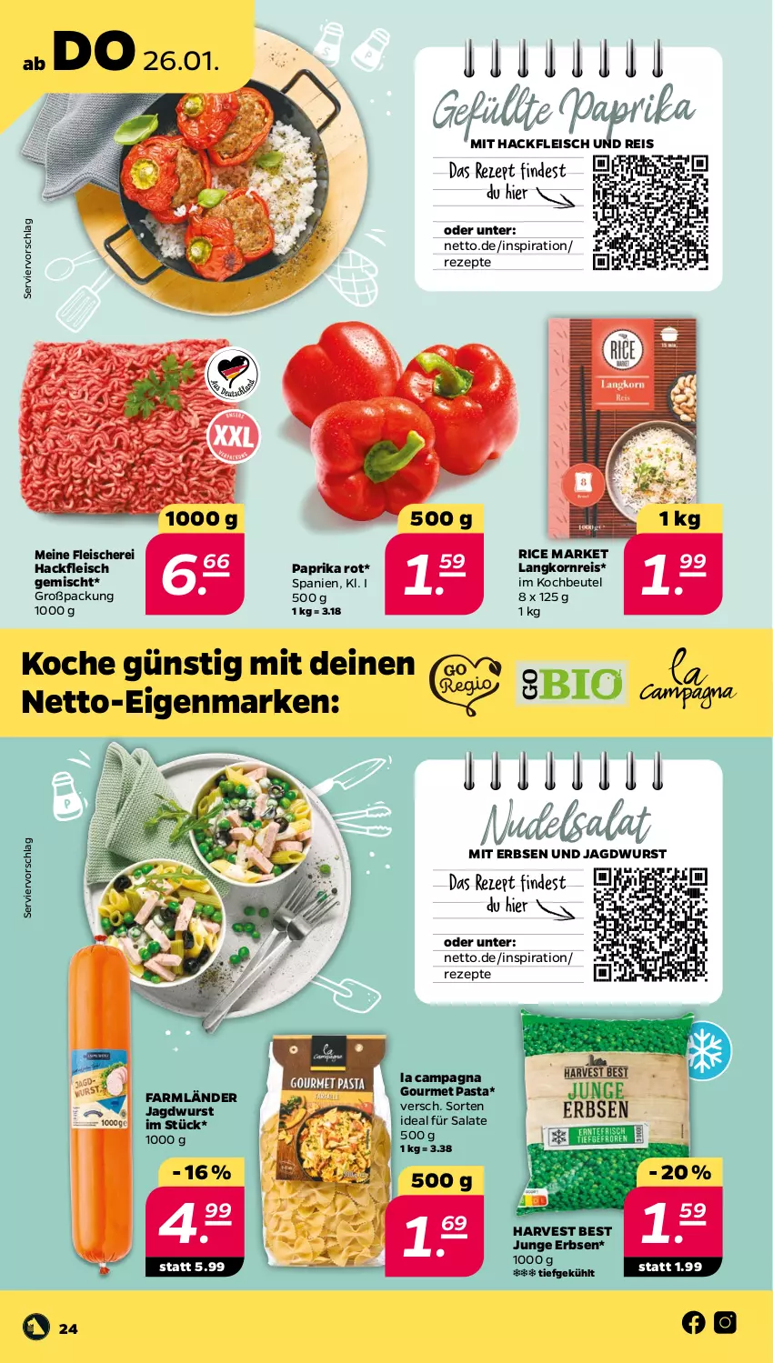 Aktueller Prospekt Netto - Woche 4 - von 23.01 bis 28.01.2023 - strona 24 - produkty: beutel, eis, erbsen, fleisch, Fleischerei, hackfleisch, hackfleisch gemischt, jagdwurst, junge erbsen, kochbeutel, korn, Langkornreis, nudel, nudelsalat, paprika, paprika rot, pasta, reis, rezept, rezepte, salat, salate, Schere, Ti, wurst