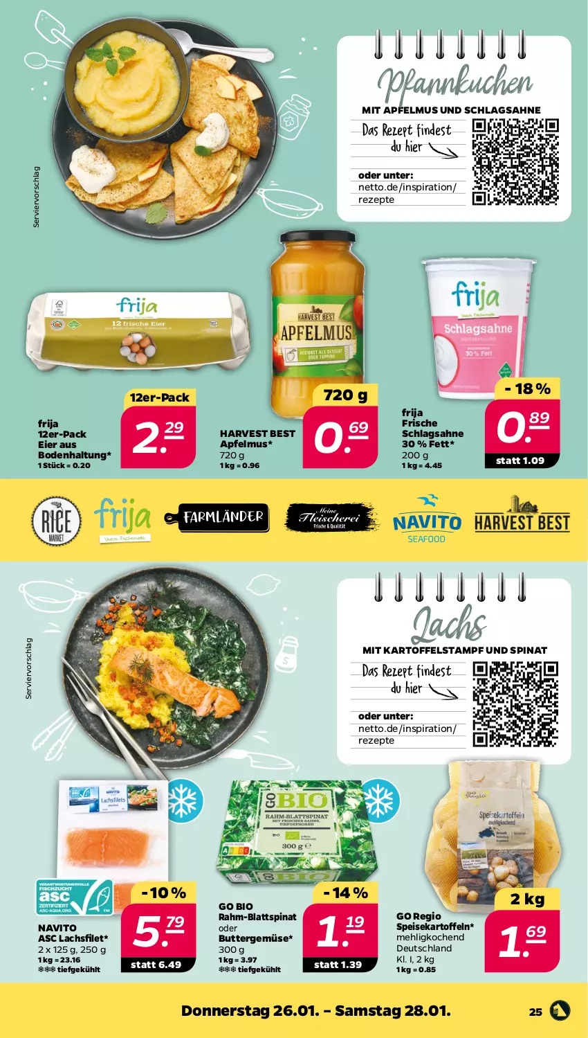 Aktueller Prospekt Netto - Woche 4 - von 23.01 bis 28.01.2023 - strona 25 - produkty: apfel, apfelmus, bio, blattspinat, butter, eier, eis, filet, kartoffel, kartoffeln, kuchen, lachs, lachsfilet, mehl, Pfannkuchen, rezept, rezepte, sahne, schlagsahne, speisekartoffeln, spinat, Ti