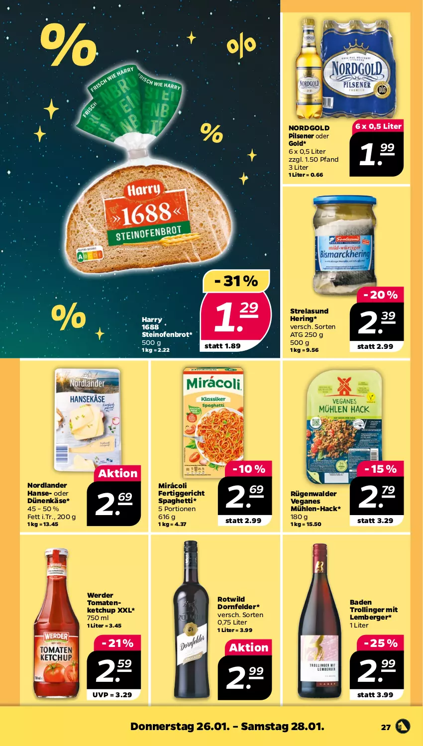 Aktueller Prospekt Netto - Woche 4 - von 23.01 bis 28.01.2023 - strona 27 - produkty: Bad, Berger, brot, dornfelder, erde, fertiggericht, hering, Käse, ketchup, Mirácoli, Ofen, pils, pilsener, rel, ring, rügenwalder, spaghetti, steinofen, Ti, tomate, tomaten, tomatenketchup, trolli, trollinger, Wild