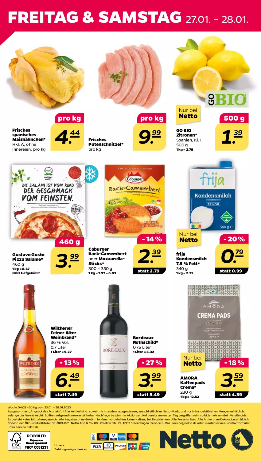 Aktueller Prospekt Netto - Woche 4 - von 23.01 bis 28.01.2023 - strona 28 - produkty: alle artikel ohne dekoration, angebot, asti, bio, burger, camembert, dekoration, eis, elle, kaffee, kaffeepads, kondensmilch, mais, milch, mozzarella, pizza, pizza salame, pute, putenschnitzel, reis, rel, schnitzel, Ti, wein, weinbrand, wilthener, zitrone, zitronen