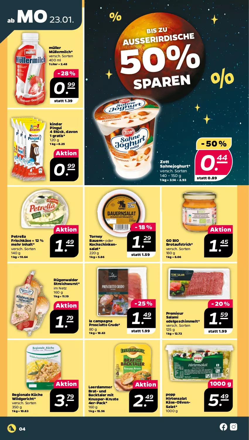 Aktueller Prospekt Netto - Woche 4 - von 23.01 bis 28.01.2023 - strona 4 - produkty: auer, aufstrich, Bau, Bauer, bio, brot, brotaufstrich, frischkäse, joghur, joghurt, Käse, Kinder, kinder pingui, kochschinken, küche, leerdammer, LG, milch, Müller, müllermilch, olive, oliven, petrella, pingui, Popp, prosciutto, prosciutto crudo, rel, rügenwalder, sahne, Sahnejoghurt, salami, salat, schinken, Ti, Wild, wurst, zott