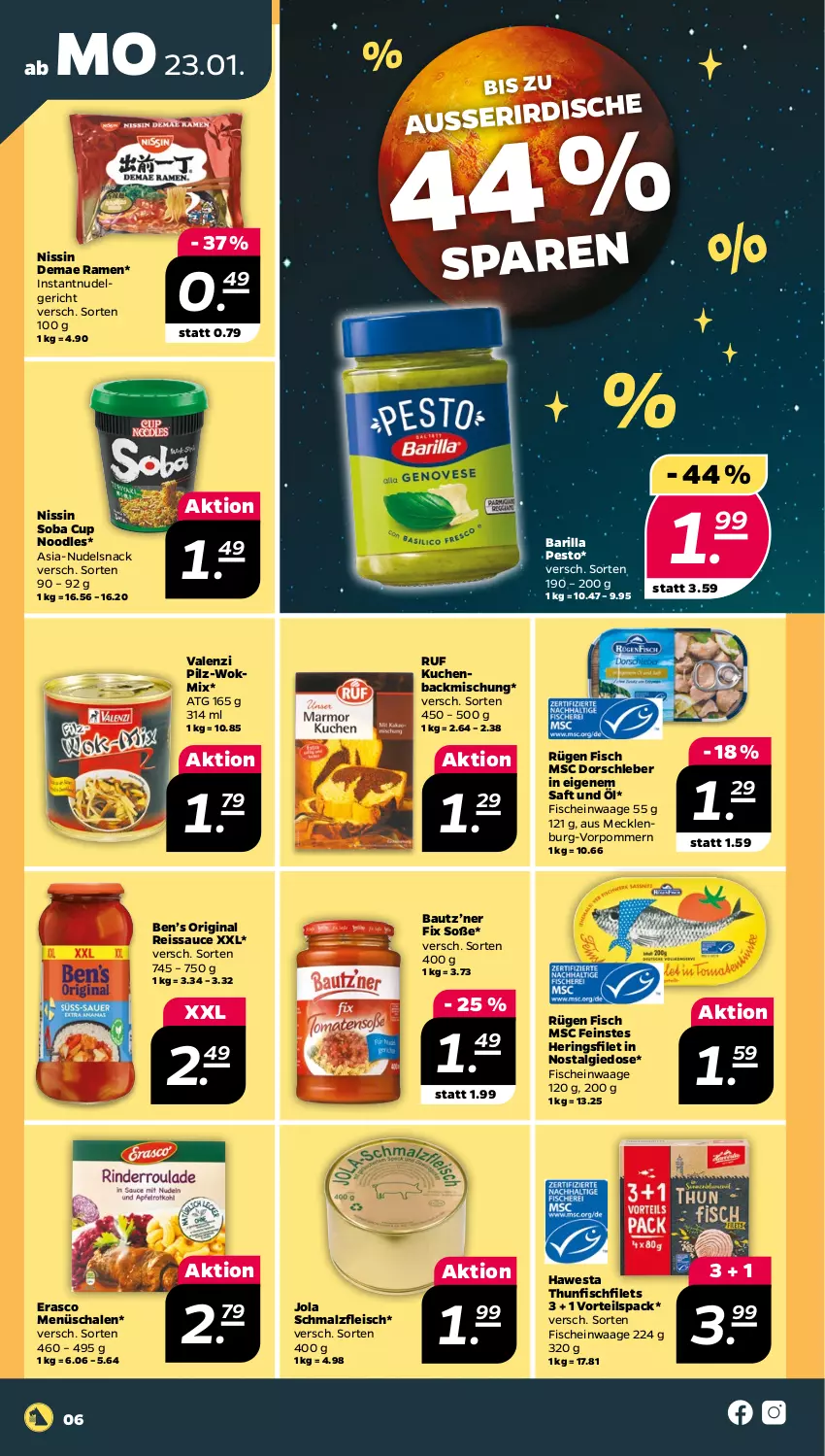 Aktueller Prospekt Netto - Woche 4 - von 23.01 bis 28.01.2023 - strona 6 - produkty: backmischung, barilla, Bau, Ben’s Original, Dorsch, eis, erasco, filet, filets, fisch, fische, fleisch, gin, hawesta, hering, Herings, kuchen, LG, malz, Nissin, nudel, pesto, reis, reiss, ring, saft, sauce, Schal, Schale, Schmalz, snack, Soße, thunfisch, Ti, Waage, wok