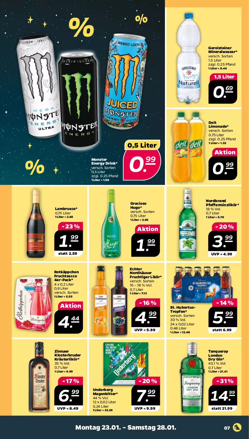 Aktueller Prospekt Netto - Woche 4 - von 23.01 bis 28.01.2023 - strona 7 - produkty: Alwa, deit, drink, dry gin, ecco, energy drink, frucht, fruchtsecco, gerolsteine, gerolsteiner, gin, gracioso, hugo, kräuter, kräuterlikör, Lambrusco, likör, limo, limonade, london dry, london dry gin, mineralwasser, monster, Monster Energy, nordbrand, pfeffer, pfefferminzlikör, rotkäppchen, steiner, Tanqueray, Ti, underberg, wasser