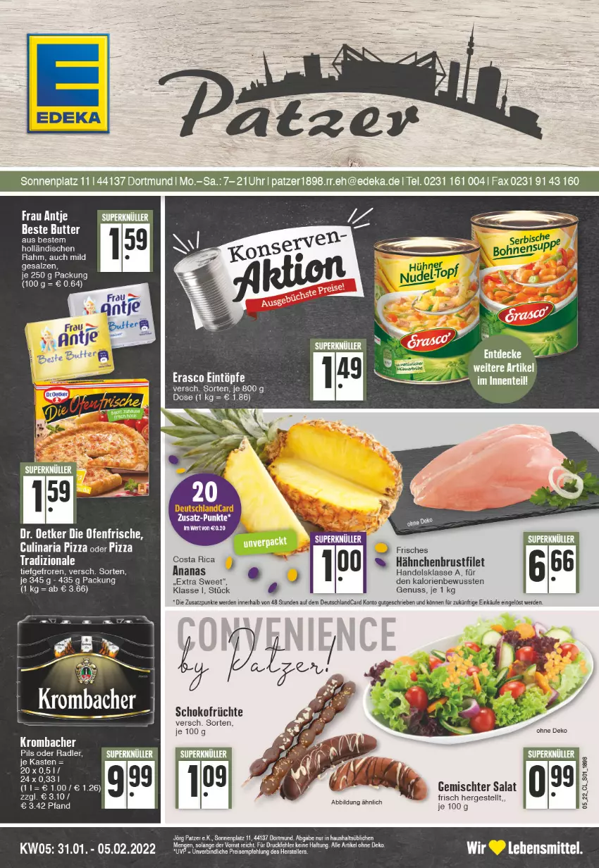 Aktueller Prospekt Edeka - Angebote der Woche - von 31.01 bis 05.02.2022 - strona 1 - produkty: aeg, ananas, beste butter, brustfilet, butter, culinaria, decke, deka, deutschlandcard, eintöpfe, erasco, erde, filet, früchte, hähnchenbrust, hähnchenbrustfilet, krombache, krombacher, krombacher pils, lebensmittel, nudel, nudel-topf, nuss, oder radler, pils, pizza, radler, Ria, salat, salz, schoko, Ti, topf