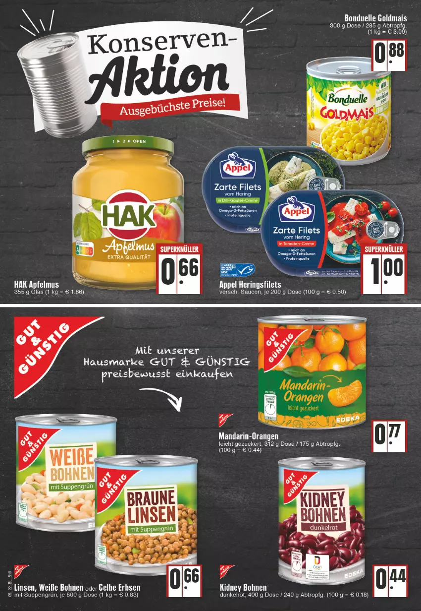 Aktueller Prospekt Edeka - Angebote der Woche - von 31.01 bis 05.02.2022 - strona 10 - produkty: apfel, apfelmus, bohne, bohnen, bonduelle, bonduelle goldmais, creme, deka, eis, elle, erbsen, filet, filets, Goldmais, hausmarke, hering, linsen, mais, mandarin-orangen, omega, Omega-3, orange, orangen, reis, ring, sauce, saucen, suppe, suppen, Ti, tisch, tomate, tomaten, Weiße Bohnen, zucker