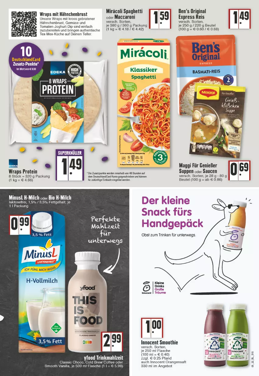 Aktueller Prospekt Edeka - Angebote der Woche - von 31.01 bis 05.02.2022 - strona 15 - produkty: ACC, angebot, Ben’s Original, beutel, bio, braten, deutschlandcard, dip, eis, elle, erde, flasche, gin, hähnchenbrust, Innocent, joghur, joghurt, küche, mac, maggi, milch, obst, orange, orangen, orangensaft, reis, ring, rwe, saft, sauce, saucen, smoothie, spaghetti, suppe, suppen, teller, Ti, tisch, tomate, tomaten, vollmilch, wrap, wraps